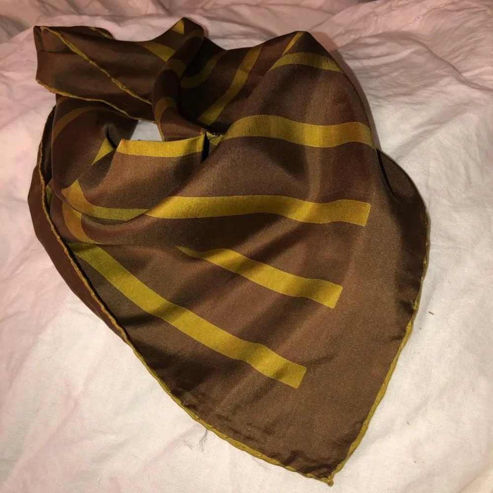 Handcraft inc vintage brown olive striped 100% Italian SILK pocket sq
